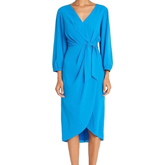 Maggy London Women's Long Sleeve V-Neck Faux Wrap Crepe Dress Sz 2 - Picture 1 of 9